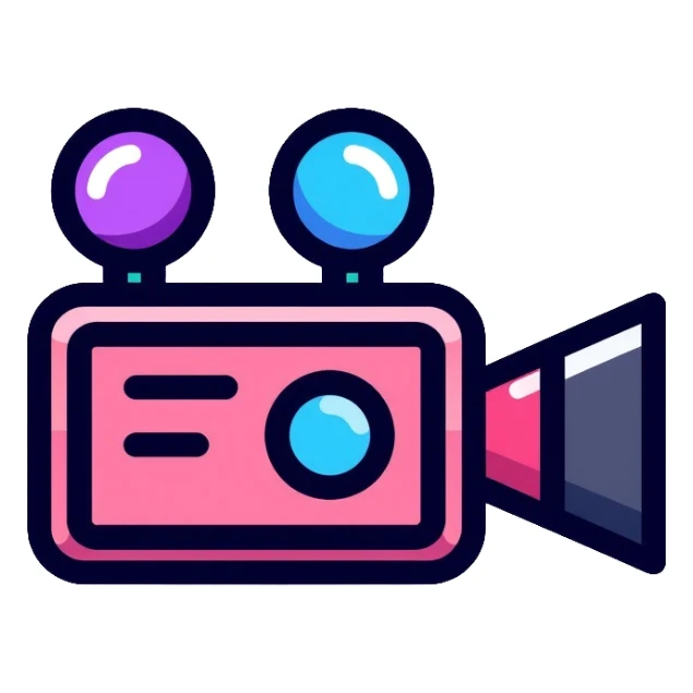 videographer's camera in pink and light blue colors, with neon glow lines, blue neon light on top left, purple neon light on bottom right sticker