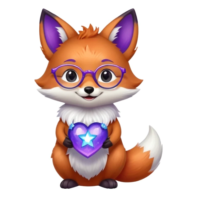 A small magical fox with shimmering purple and blue fur, a glowing fluffy tail, a silver star on its forehead, and round glasses, holding a tiny magical lantern, hugging a big red heart and smiling warmly. 🦊❤️ sticker