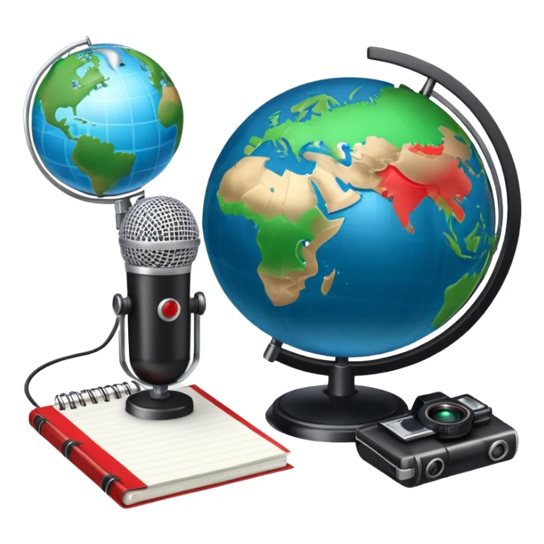 An icon showing a microphone, a notepad, and a camera, symbolizing journalism. The design includes a globe in the background, representing global news, and a breaking news banner for emphasis. Transparent background highlights the dynamic world of media and reporting. sticker