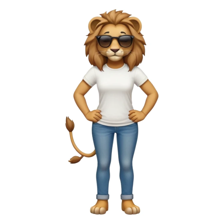friendly anthropomorphised female lion character, full body, standing confidently with legs shoulder width apart and arms folded, wearing jeans, a white t-shirt, and dark sunglasses, with a confident smile sticker