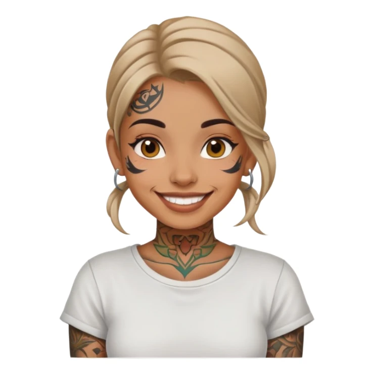 girl with face tattoos, smiling, wearing a shirt sticker