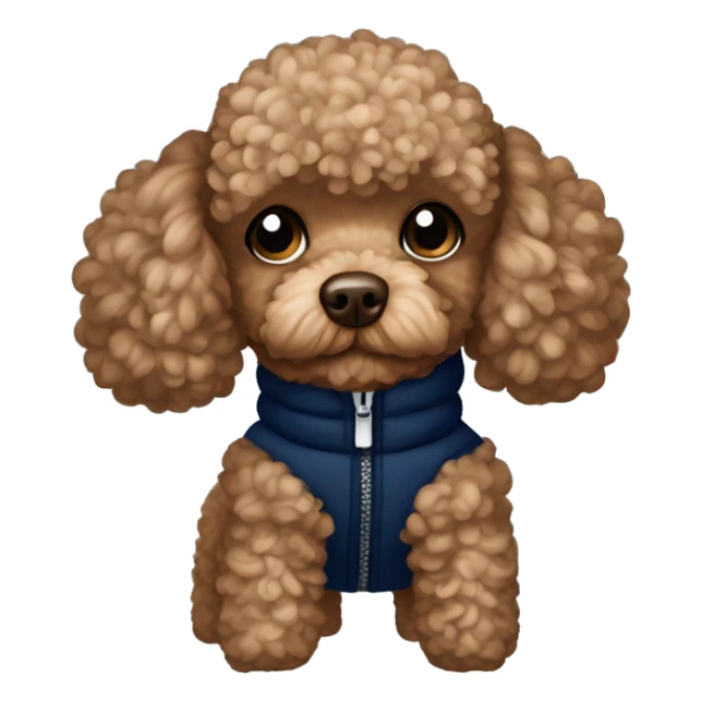 Brown toy poodle wearing a navy blue puffer jacket with white hearts pattern  sticker