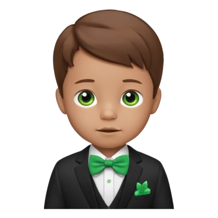 baby cute boy, brown hair in suit, with green bow sticker