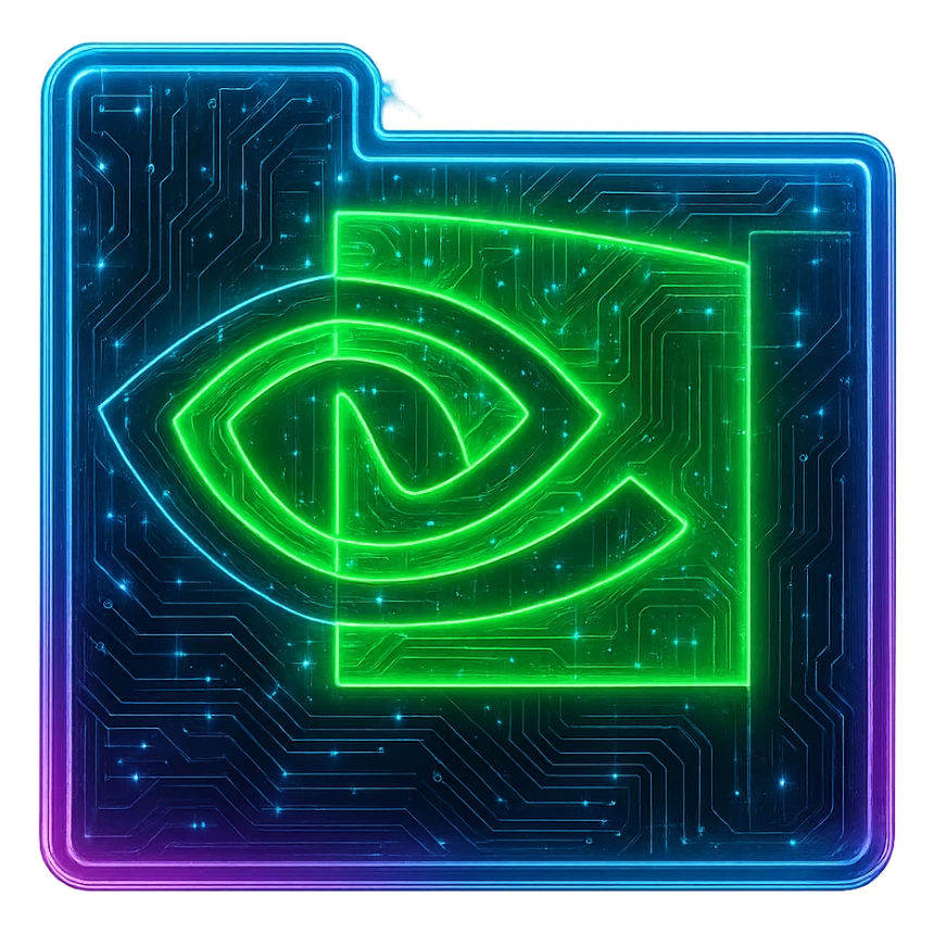 Transform the NVidia logo into a cyberpunk, holographic style with glowing neon green, blue, and pink edges. Add intricate circuit patterns throughout the entire icon while maintaining the recognizable NVidia eye shape and green color. Overlay neon and circuit effects in a futuristic, clean cyberpunk style with a consistent glow and detailed circuit elements. The background should be transparent. sticker
