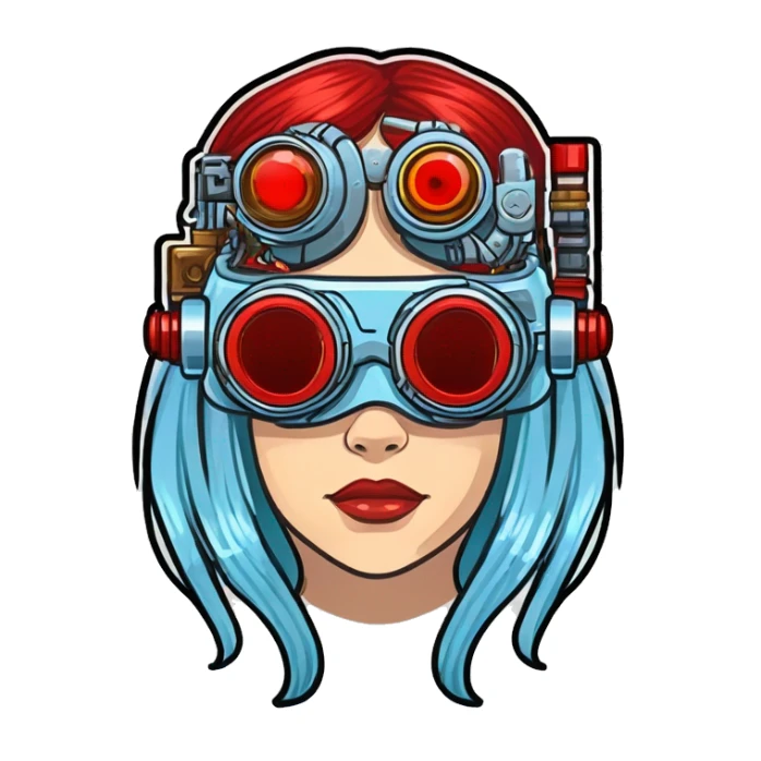 Light blue long hair female cyborg head with red steampunk goggles and circuits sticker