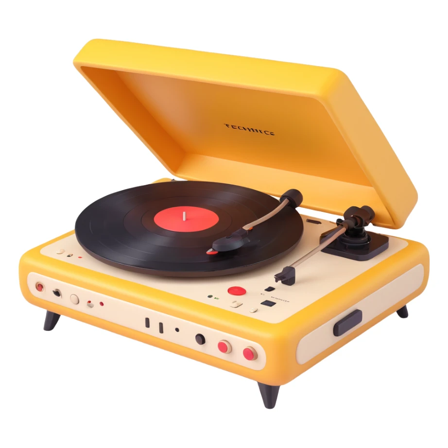 3D Disney Pixar-style record player, resembling Technics turntable, whimsical details, friendly animated look sticker