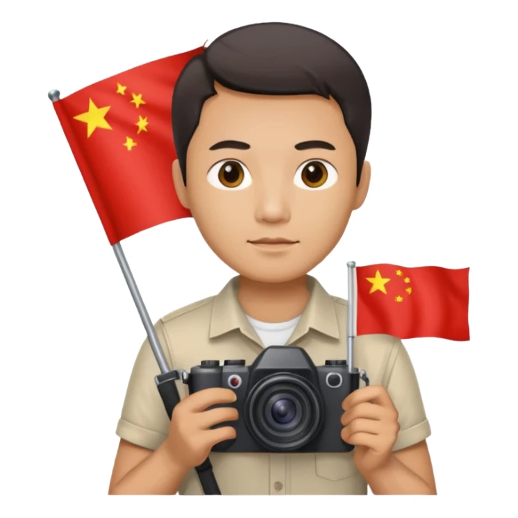 A Chinese man with a Chinese flag and a camera sticker