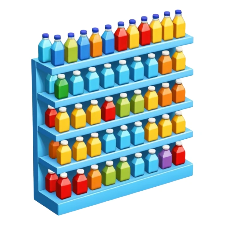 3D warehouse shelf with drinks bottles and products, 
organized retail shelves, colorful product packages, store inventory, 
transparent background, emoji style, realistic, isometric view sticker