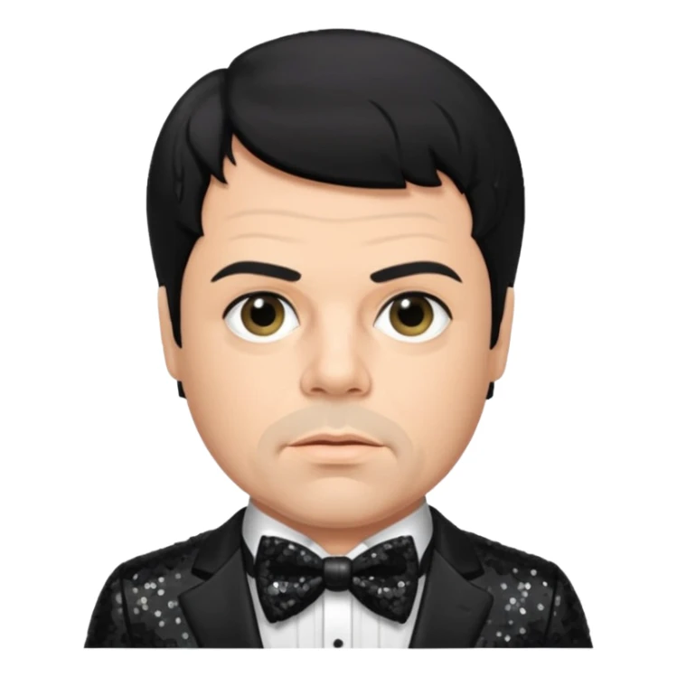 Oliver Reed with black hair, black sequin suit with bow tie sticker