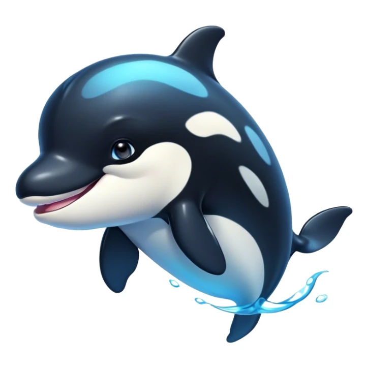 Cinematic Cute orca Portrait Emoji, Head tilted playfully and inquisitively, featuring a smoothly rounded body with bright, sparkling eyes and an adorable, friendly smile, Simplified yet irresistibly adorable features, highly detailed, glowing with a warm, ocean-blue glow, high shine, affectionate and lively, stylized with a touch of whimsical aquatic charm, soft glowing outline, capturing the essence of a mischievous yet endearing orca that seems as if it could leap right into your heart! sticker