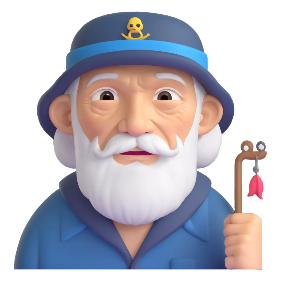 old fisherman with weathered face and fishing hat sticker