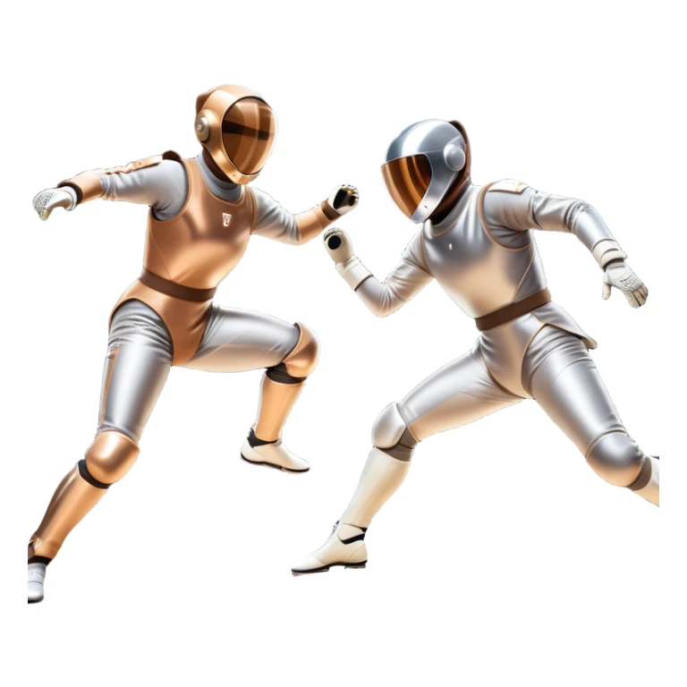 Two fencers in full protective gear duel on a professional piste, their foils clashing in mid-air. The background features a dynamic blur, symbolizing speed and precision. The scene is illuminated by bright arena lights, emphasizing the intensity of the match. Transparent background. sticker