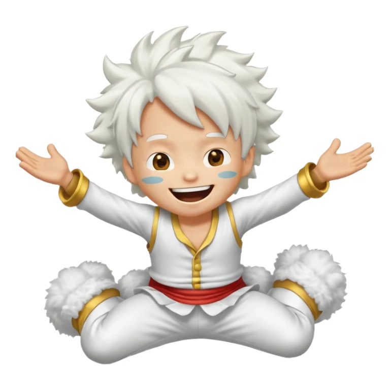 Create a joyful cartoon-style emoji of Luffy as a laughing character with wild, fluffy white hair and a glowing white outfit. The character should have a big open smile, one hand on its face in laughter, and be in a dynamic mid-air pose with bent legs, as if carefree and floating. sticker