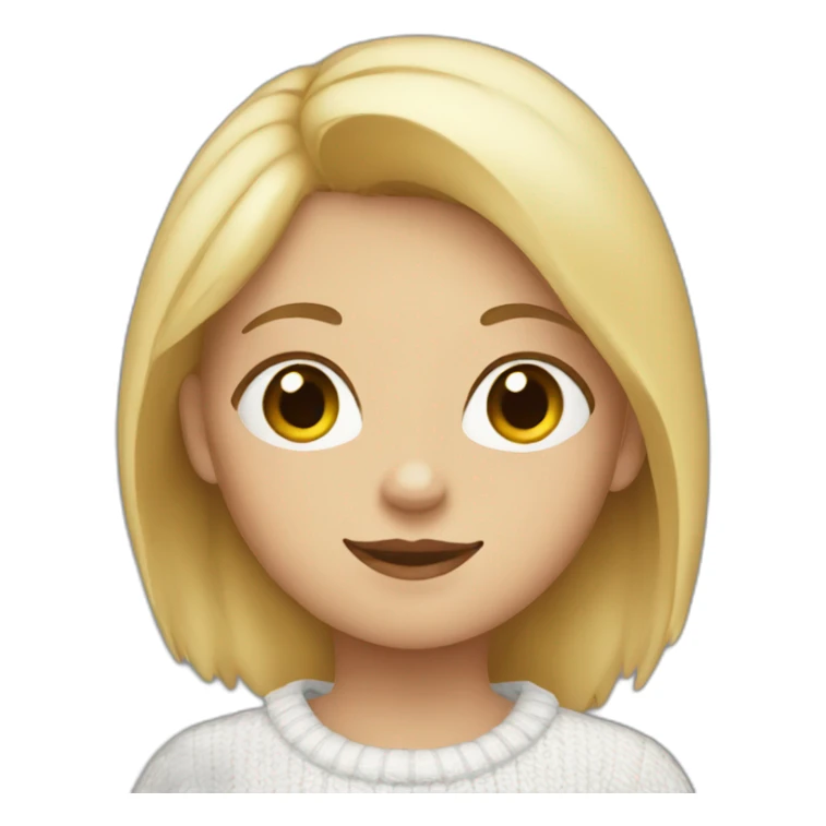 a girl with blond hair and a white sweater with a bear on it sticker