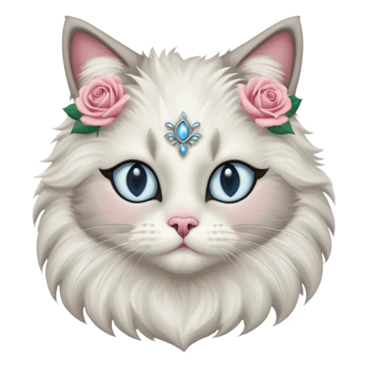 Neva masquerade cat, very fluffy, gray and white, with pale blue eyes and rose nose sticker