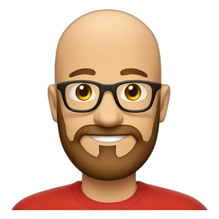 Bald man smiling with glasses and big bushy brown beard with. Wearing red t shirt sticker