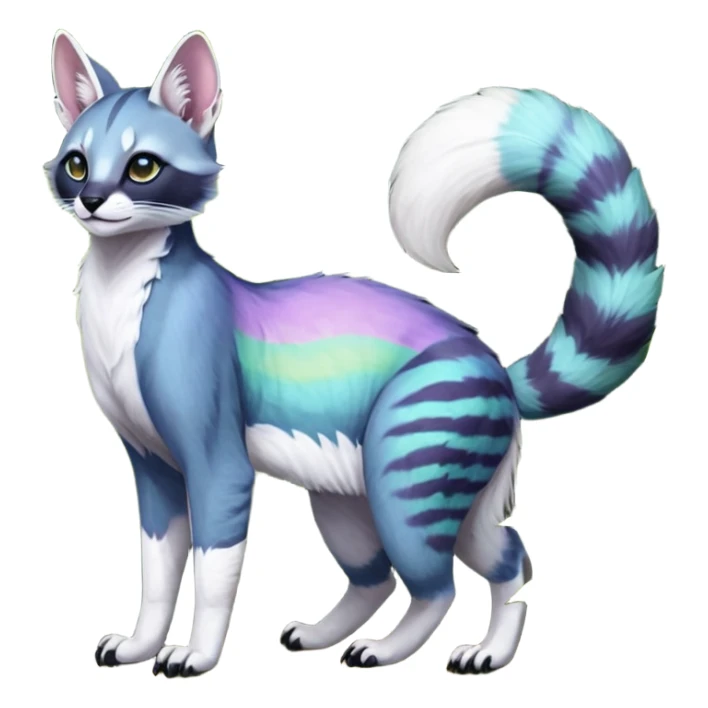Colorful dark tropical pale light fruity pastel white glorious iridescent divine exotic cute cool beautiful beautiful fantasy-caracal-civet-genet-sergal-vernid-Cacomistle-Trico-oncilla-animal-Fakémon-hybrid-fursona (full body) sticker