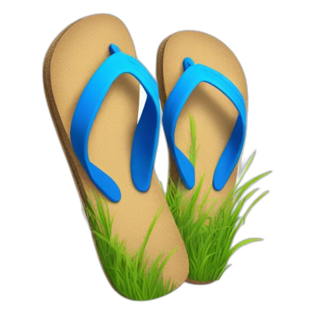 flip flops with grass all along the footbed, with a blue strap and post sticker