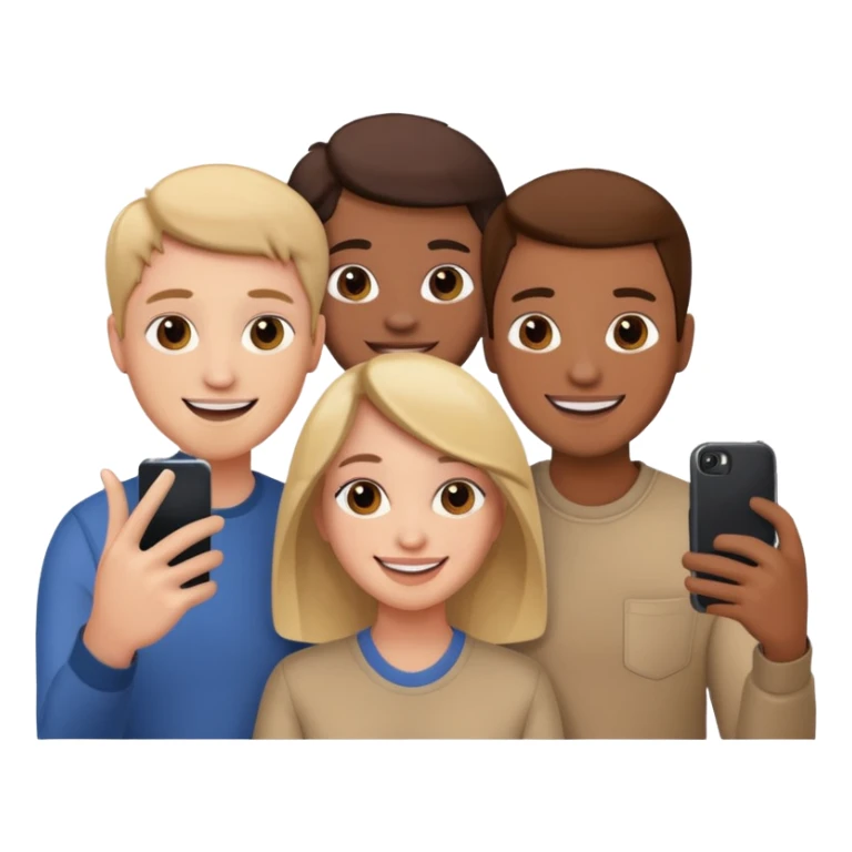 three friends holding phone selfie smiling sticker