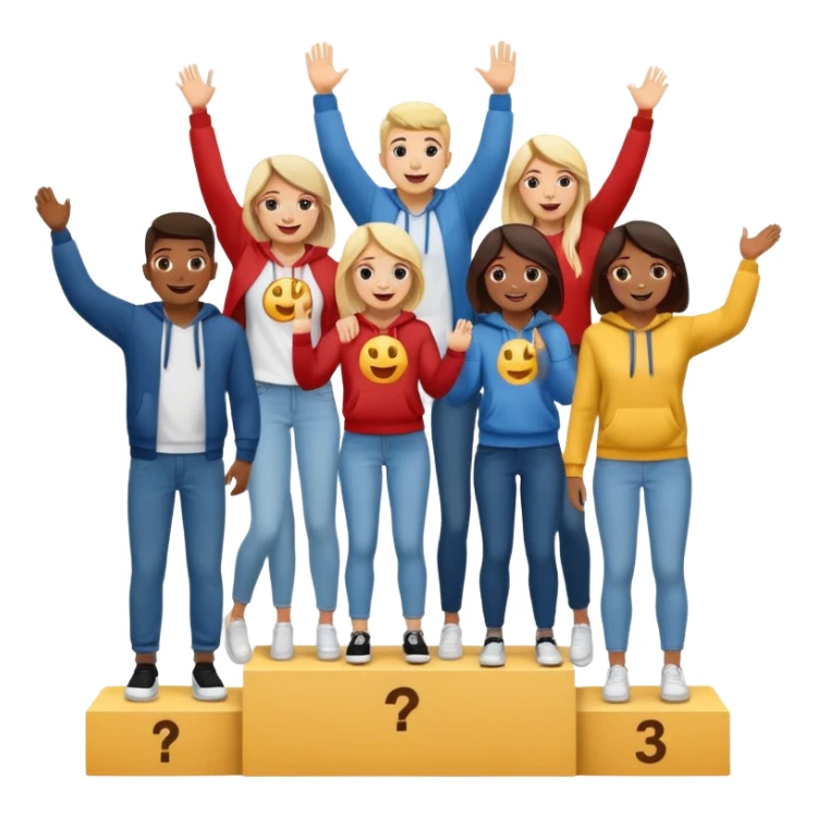 winners’ podium with multi-racial people, middle step higher, fun casual clothes like jeans, t-shirts, and hoodies, excited, fun, expressive emoji style sticker