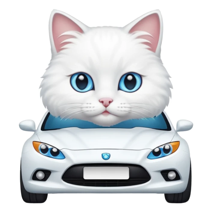 Please create a small emoji the size of 🚗 featuring a pure white cat with blue eyes on a white car. sticker