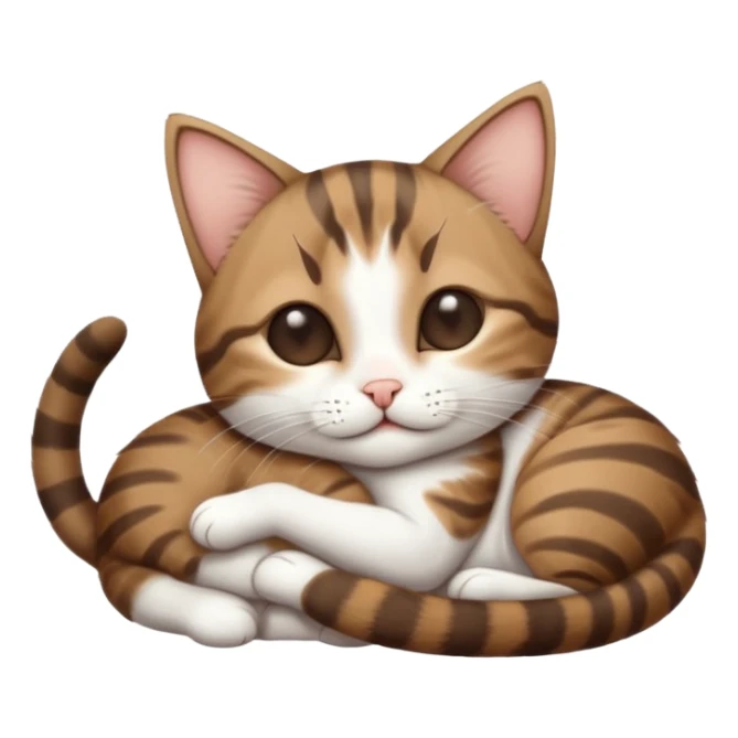 dark brown tabby and white small cat in funny positions upside down with eyes closed sticker
