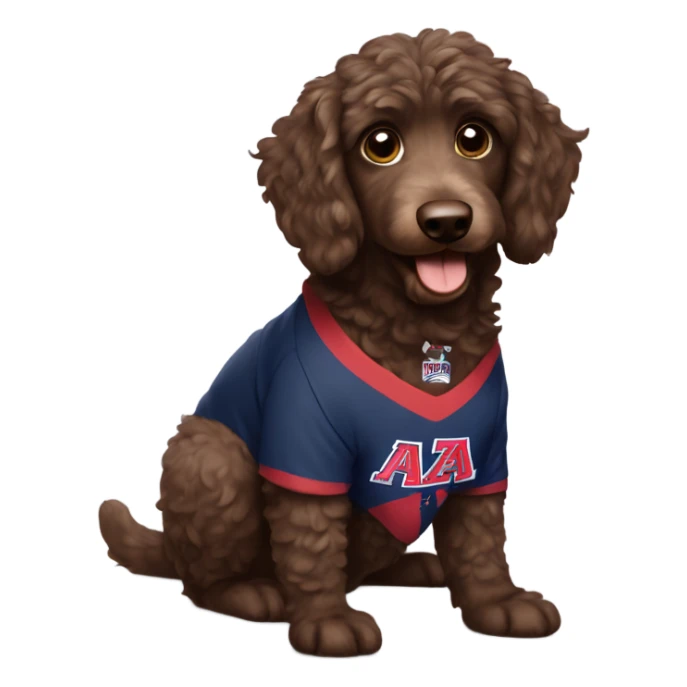 Chocolate Aussie doodle wearing a University of Arizona T-Shirt sticker