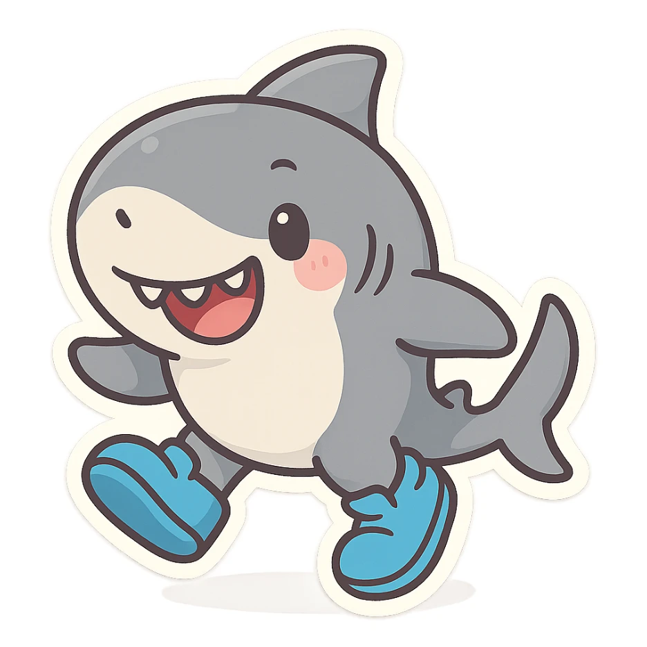 fun and clear style shark wearing blue shoes, playful and bright sticker