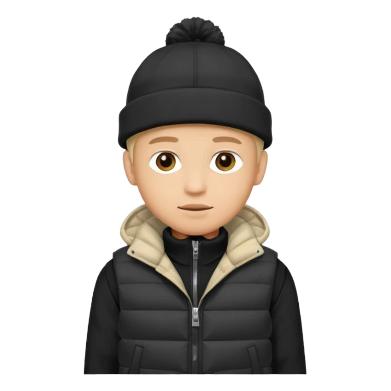 A guy in a hat, black hoodie, and a puffer vest sticker