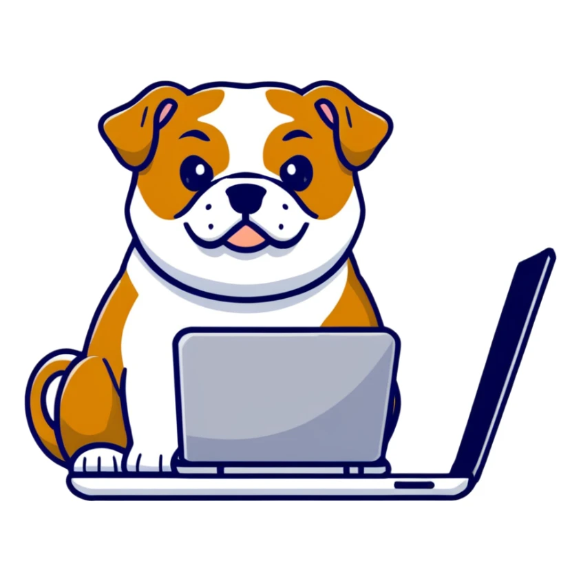 English bulldog with a laptop sticker