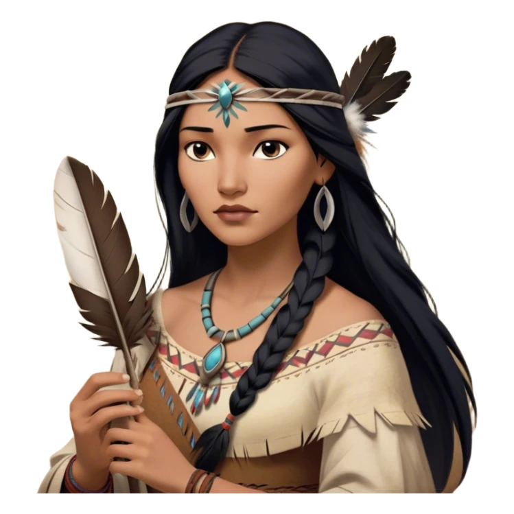 Cinematic Realistic Pocahontas Portrait, depicted with lifelike skin texture, soft natural lighting, and intricately detailed long, flowing raven-black hair that moves gracefully in the wind. Her deep, soulful dark brown eyes exude wisdom and strength, complemented by a serene yet powerful expression. She is shown gently holding a feather in one hand, her other hand resting lightly at her side, embodying the harmonious balance between nature and herself. She is dressed in her classic one-shoulder native American dress, with rich fabric textures and delicate beaded details that catch the light beautifully. The portrait features a soft, sun-kissed glow with a natural, radiant finish, capturing the essence of untamed beauty and deep connection to nature in a realistic and painterly style, evoking a sense of depth and authenticity. sticker