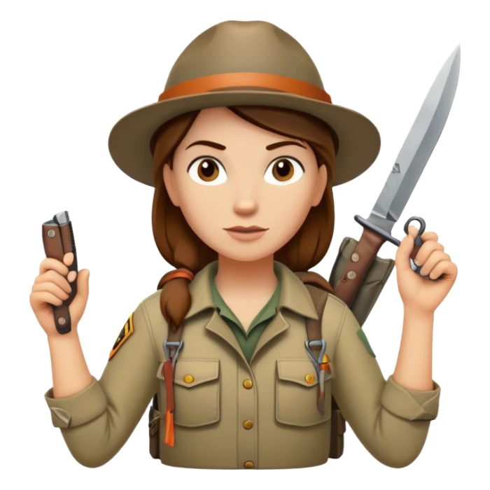 Female wilderness explorer Melissa Backwoods holding a survival knife sticker
