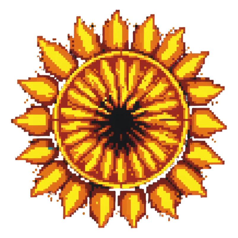 Bomberman explosion center tile, bright fiery explosion core with yellows and oranges radiating from center, circular explosion pattern, clean pixel art edges, slight transparency at edges sticker