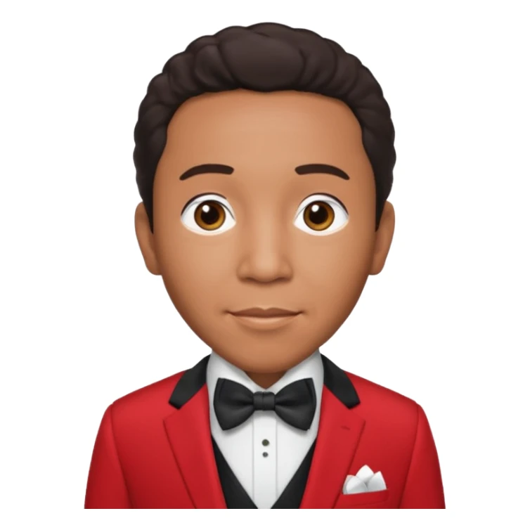 Smokey Robinson with dark brown hair, red suit with bow tie sticker