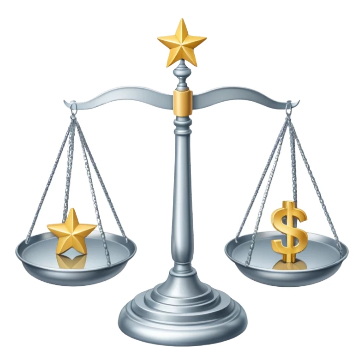 A balanced scale with dollar bills on the left side and three stars on the right side sticker