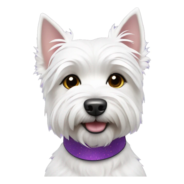 Westie dog wearing a white collar with purple hearts sticker