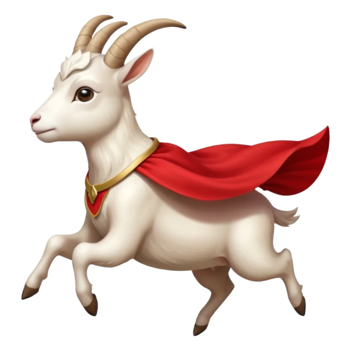 side view of white female goat wearing a read cape like superman sticker
