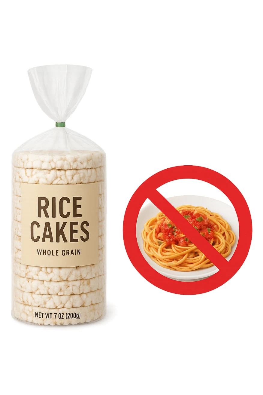 confezione di gallette di riso con accanto un piatto di pasta con divieto sopra, in italiano,  realistici sticker