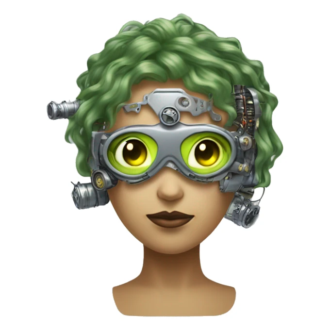 Olive green hair female cyborg head with silver steampunk goggles, goatee and circuits sticker