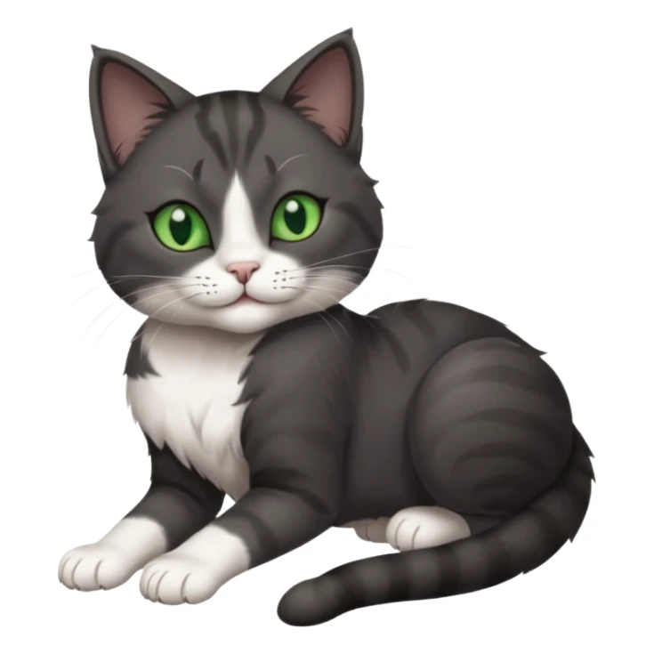 beautiful female solid dark grey cat with green eyes, white toes/paws and white patch on her chest rolling upside down sticker
