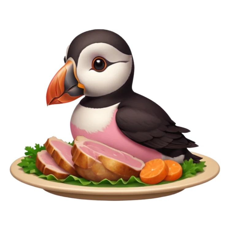 pink puffin that is pink-colored eating roast dinner sticker