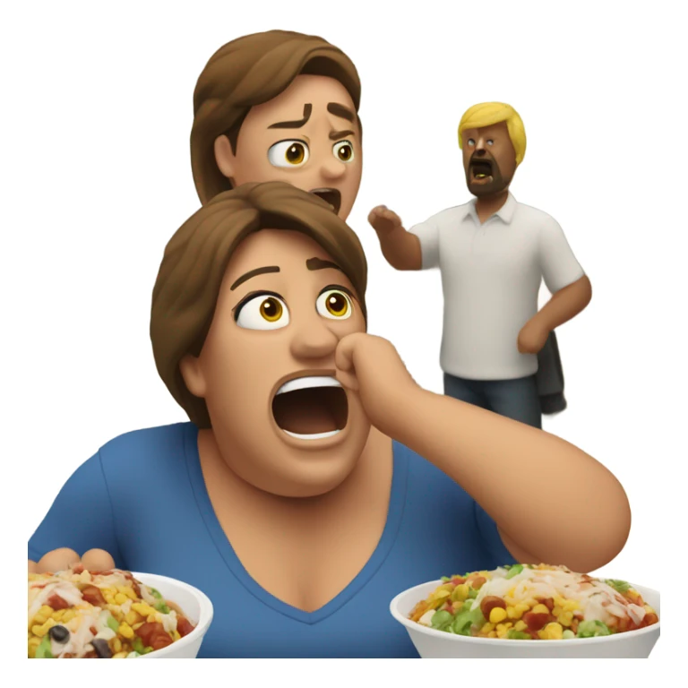 A large, upset woman with a burrito bowl throws it at a large man sticker