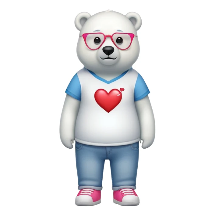 friendly anthropomorphised polar bear standing upright, looking chilled and unbothered, wearing a shirt, jeans, trainers, heart-shaped colorful glasses sticker