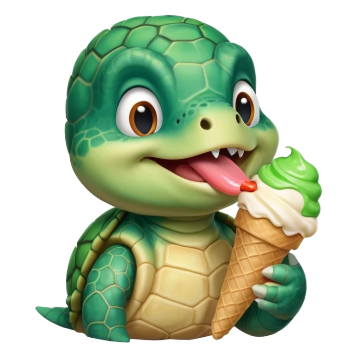 cute turtle portrait, head and shoulders only, licking an ice cream cone, funny happy expression, 3D cartoon, mobile game icon style, clean background, no text, no watermark
 sticker