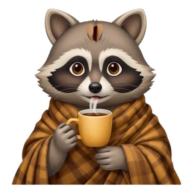 Female raccoon drinking coffee with blanket around her sticker
