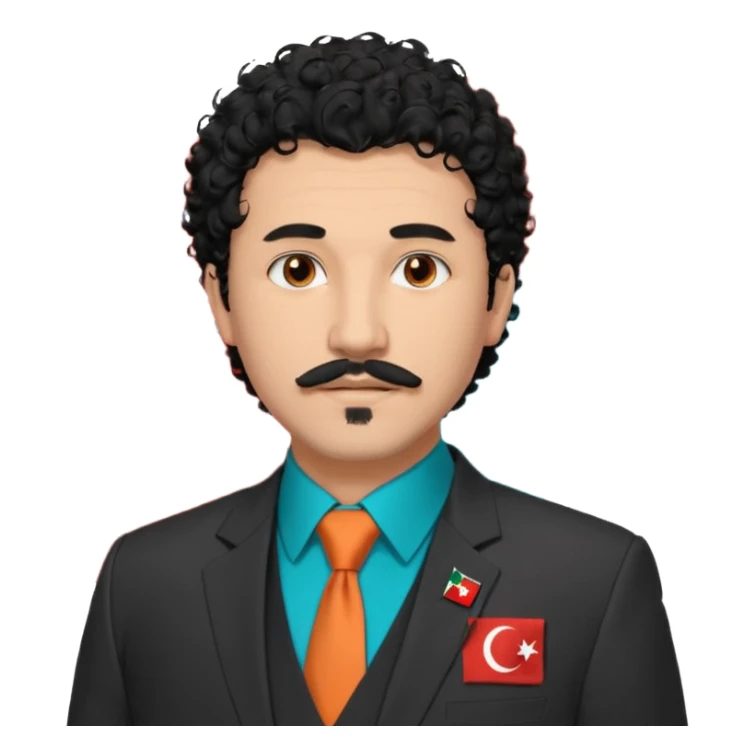 Black curly hair, messy and thrown forward, brown eyes, a goatee, thin mustache, wearing a suit. On the suit, there is a small Turkish flag detail on the chest, and on the other side of the chest, it says 'BST' — with 'B' in orange, 'S' in turquoise, and 'T' in navy blue. sticker