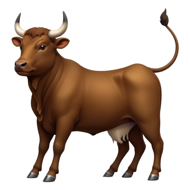 cinematic-[brown bull]-realistic-full-body-standing-emoji,-tail-flicking-lazily,-head-tilted-dramatically,-sleek-[brown]-fur,-simplified-yet-realistic-focused-features,-highly-detailed,-glowing-with-an-almost-sarcastic-glow sticker