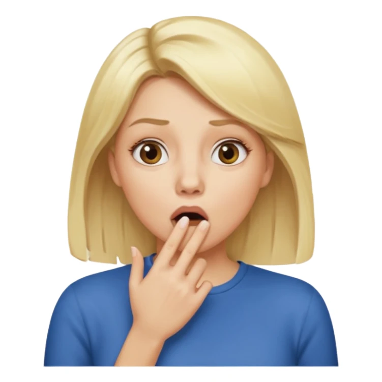 woman with blonde hair and hand over mouth sticker