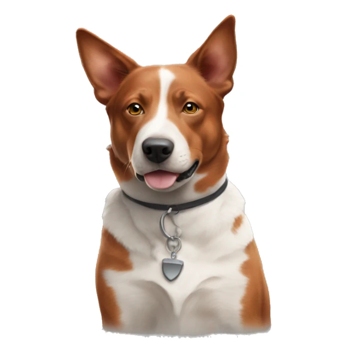 Red Australian cattle dog with white between eyes and down nose, wearing a collar sticker