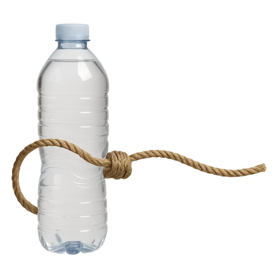 Depict a long rope with a loop, replacing the cheese with a realistic water bottle. The style should be realistic with natural details, no background, and a symbolic atmosphere. sticker